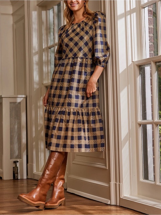 summersalt Dresses & Skirts - Summersalt Tiered Midi Dress L Buffalo Check Plaid Cotton NWT